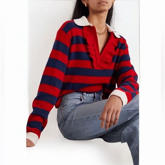 Philosophy di Lorenzo Serafini Sweaters - Philosophy di Lorenzo‎ Serafina Navy/Red Stripe Ruffle Sweater size 6 $530